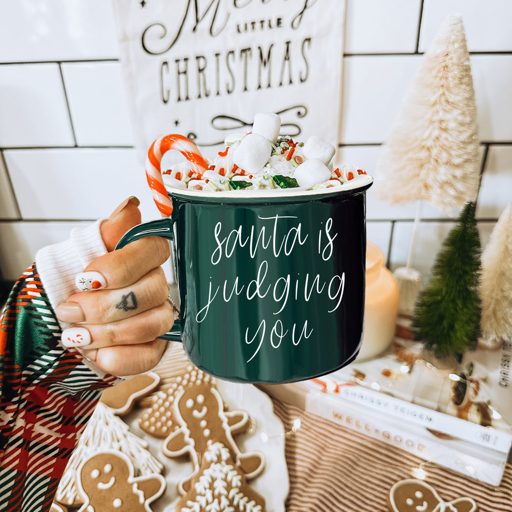 Santa Is Judging Mug 14.5oz Ceramic Campfire Style Holiday Coffee Mug Red Or Green Double Sided