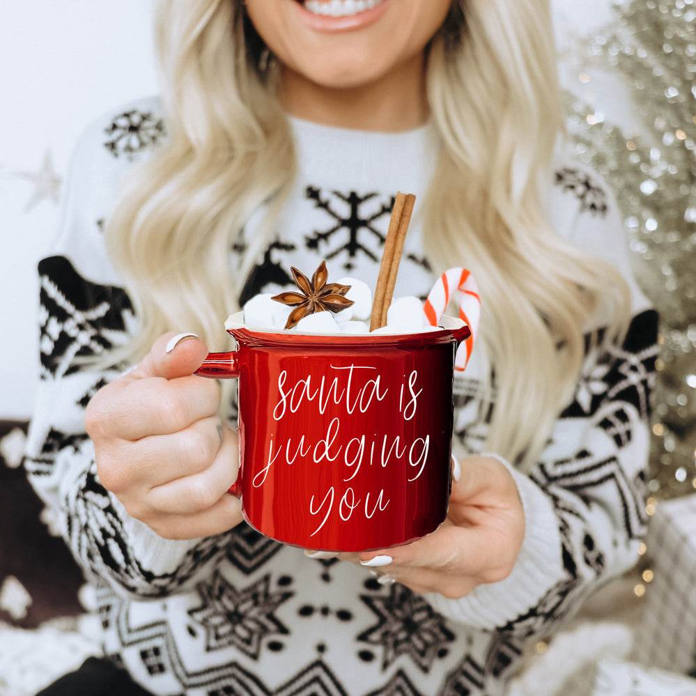 Santa Is Judging Mug 14.5oz Ceramic Campfire Style Holiday Coffee Mug Red Or Green Double Sided