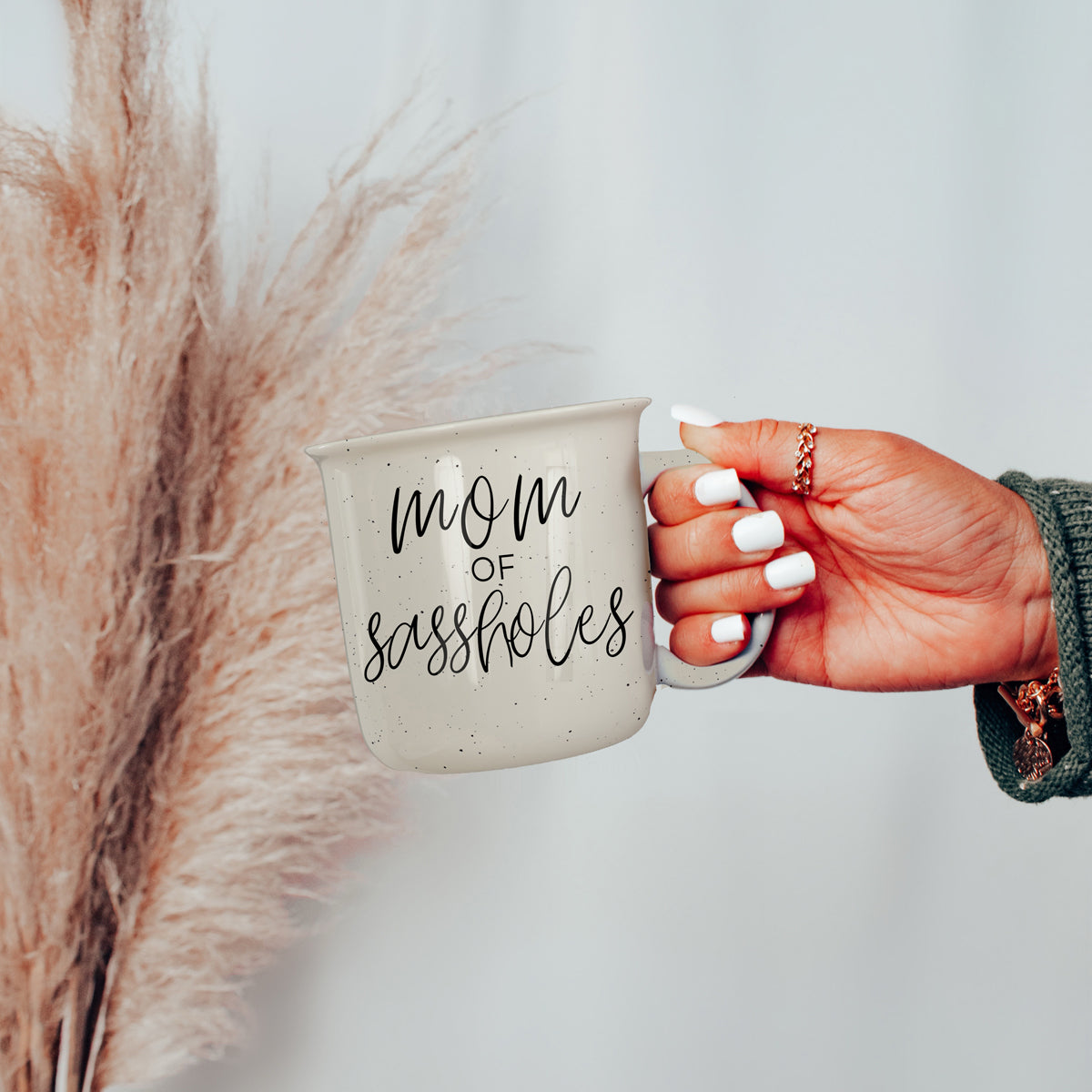 Mom Of Sassholes 14.5oz Ceramic Campfire Mug White Sesame Glaze Speckled Design Double Sided