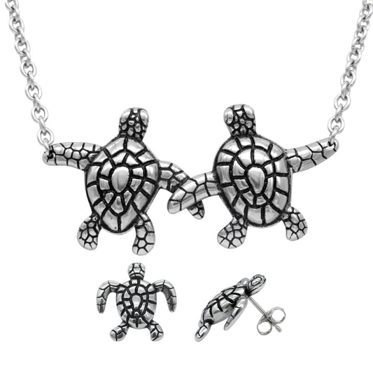 Sea Turtle Necklace And Earrings Set Silver Pendant