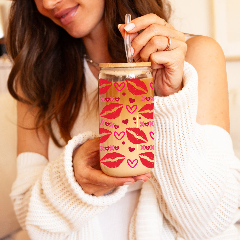 Self Love Club 20oz Glass Tumbler With Bamboo Lid Red Heart Gold Accents