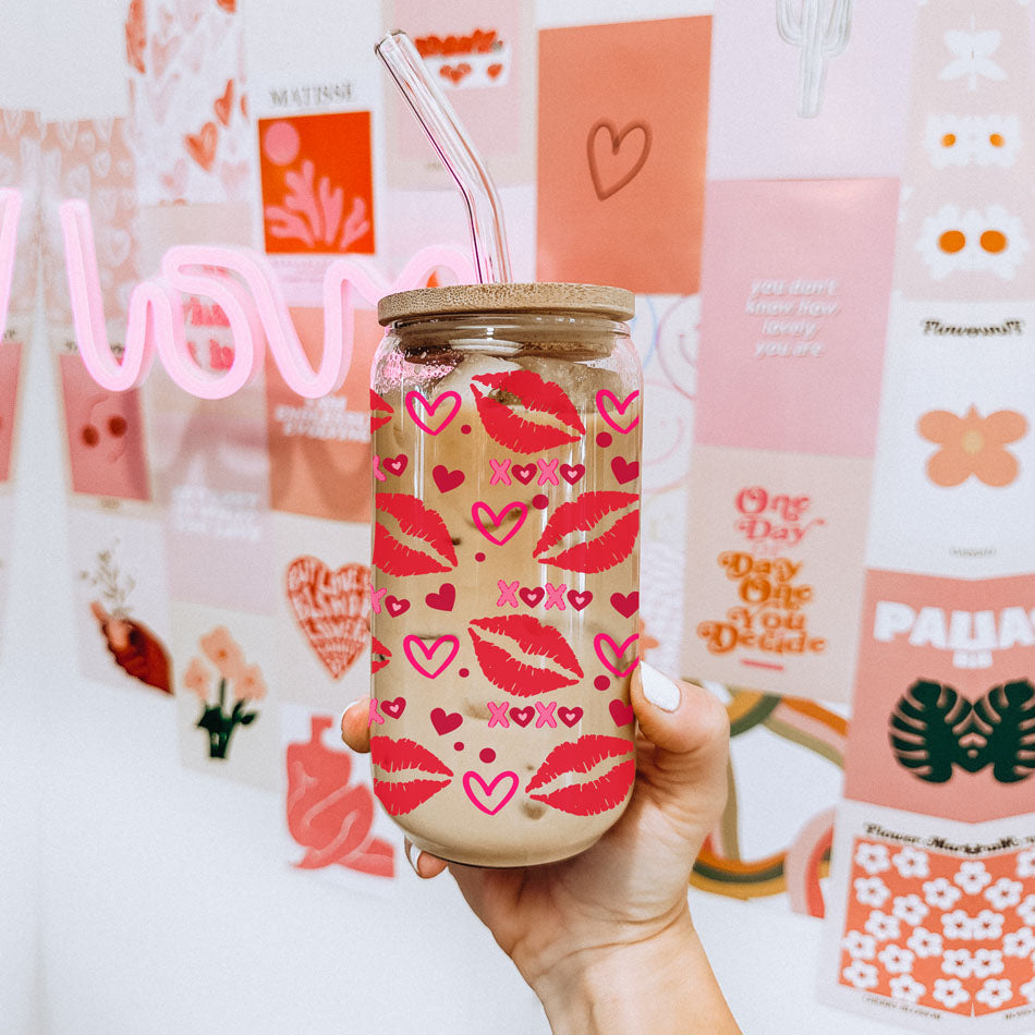 Self Love Club 20oz Glass Tumbler With Bamboo Lid Red Heart Gold Accents