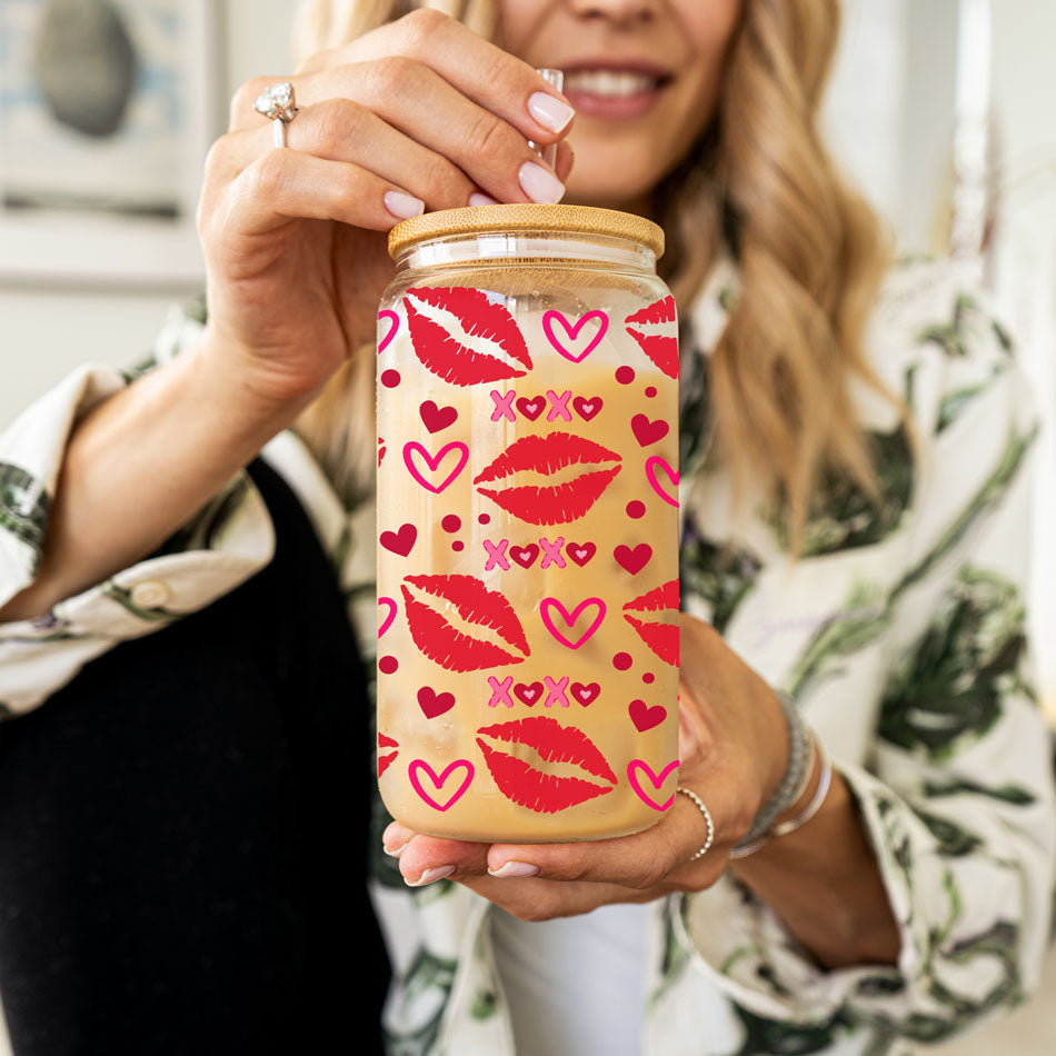 Self Love Club 20oz Glass Tumbler With Bamboo Lid Red Heart Gold Accents