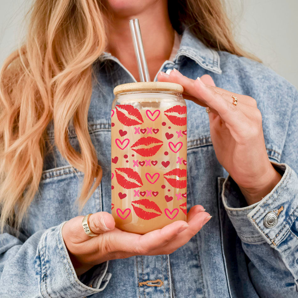 Self Love Club 20oz Glass Tumbler With Bamboo Lid Red Heart Gold Accents