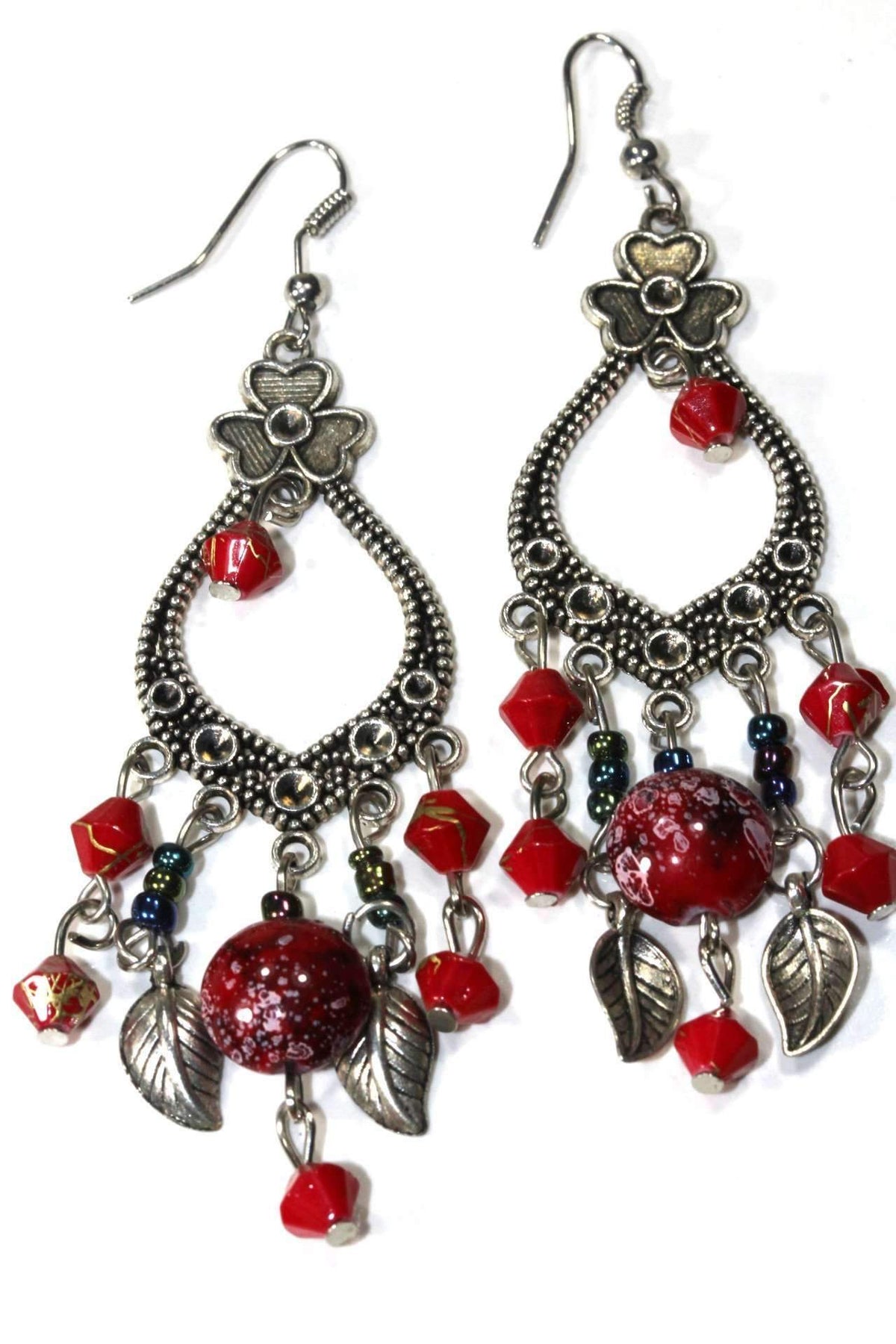 Shamrock Marbled Red Bead Dangle Earrings Boho Leaf