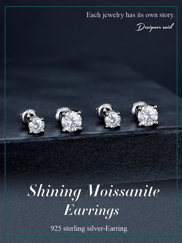 Moissanite Stud Earrings 2CT VVS1 925 Sterling Silver Screw Back Classic