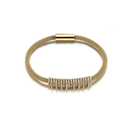Shiny Parallel Cubic Zirconia Gold Mesh Bangle Bracelet