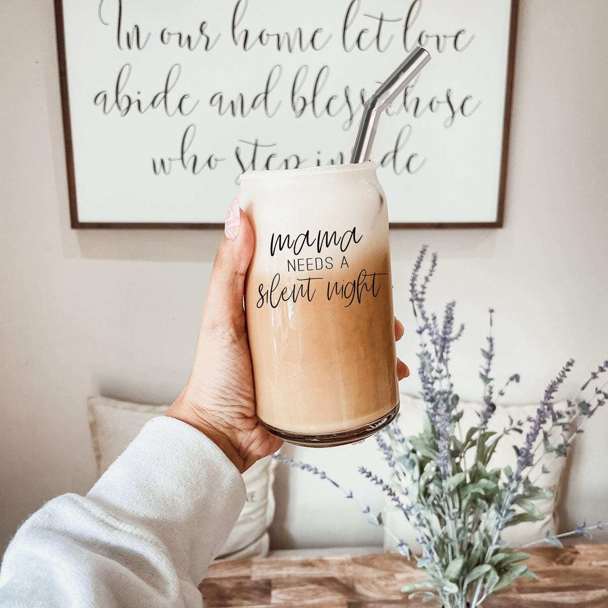 Silent Night 17oz Glass Tumbler With Bamboo Lid, 2 Stainless Straws and Cleaner