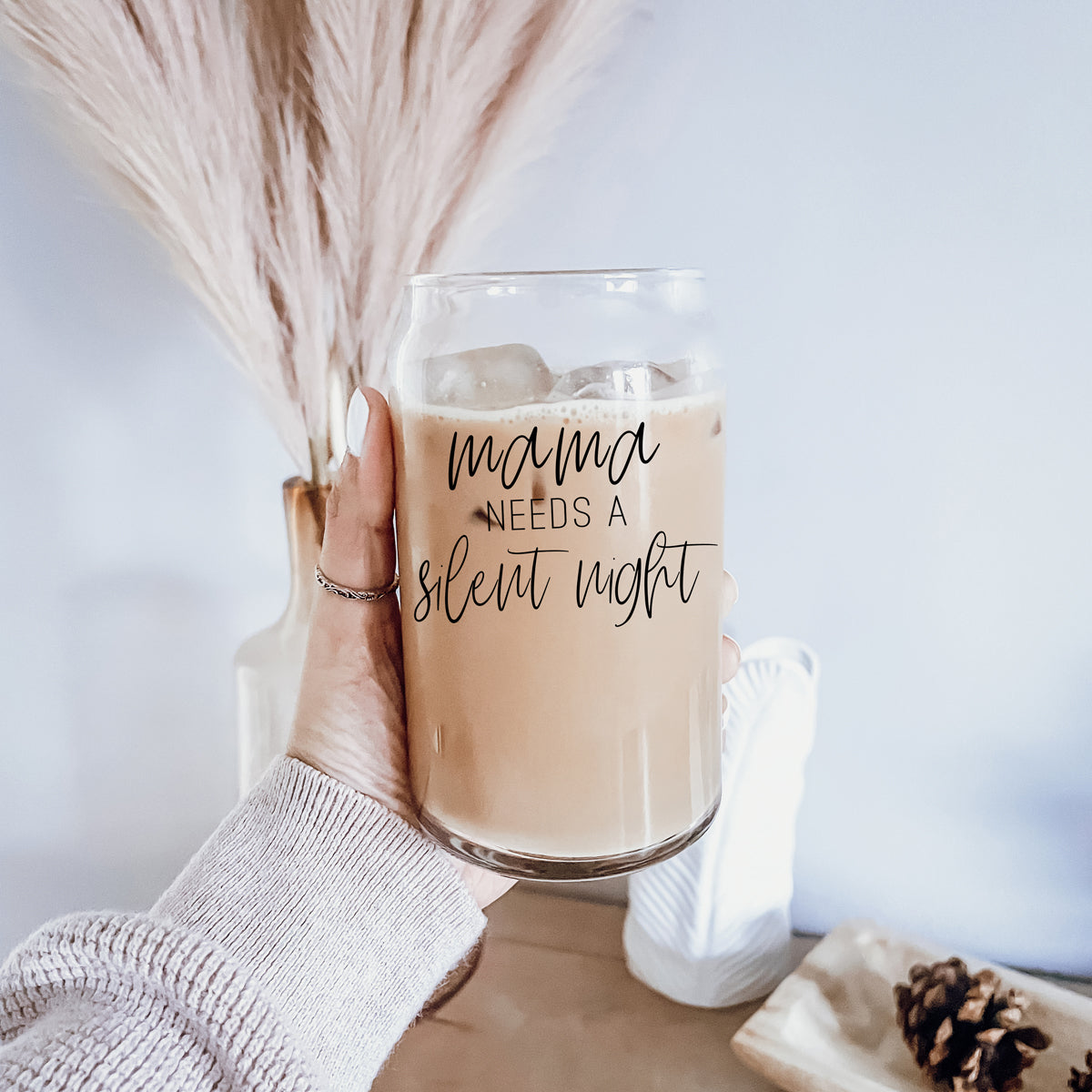 Silent Night 17oz Glass Tumbler With Bamboo Lid, 2 Stainless Straws and Cleaner