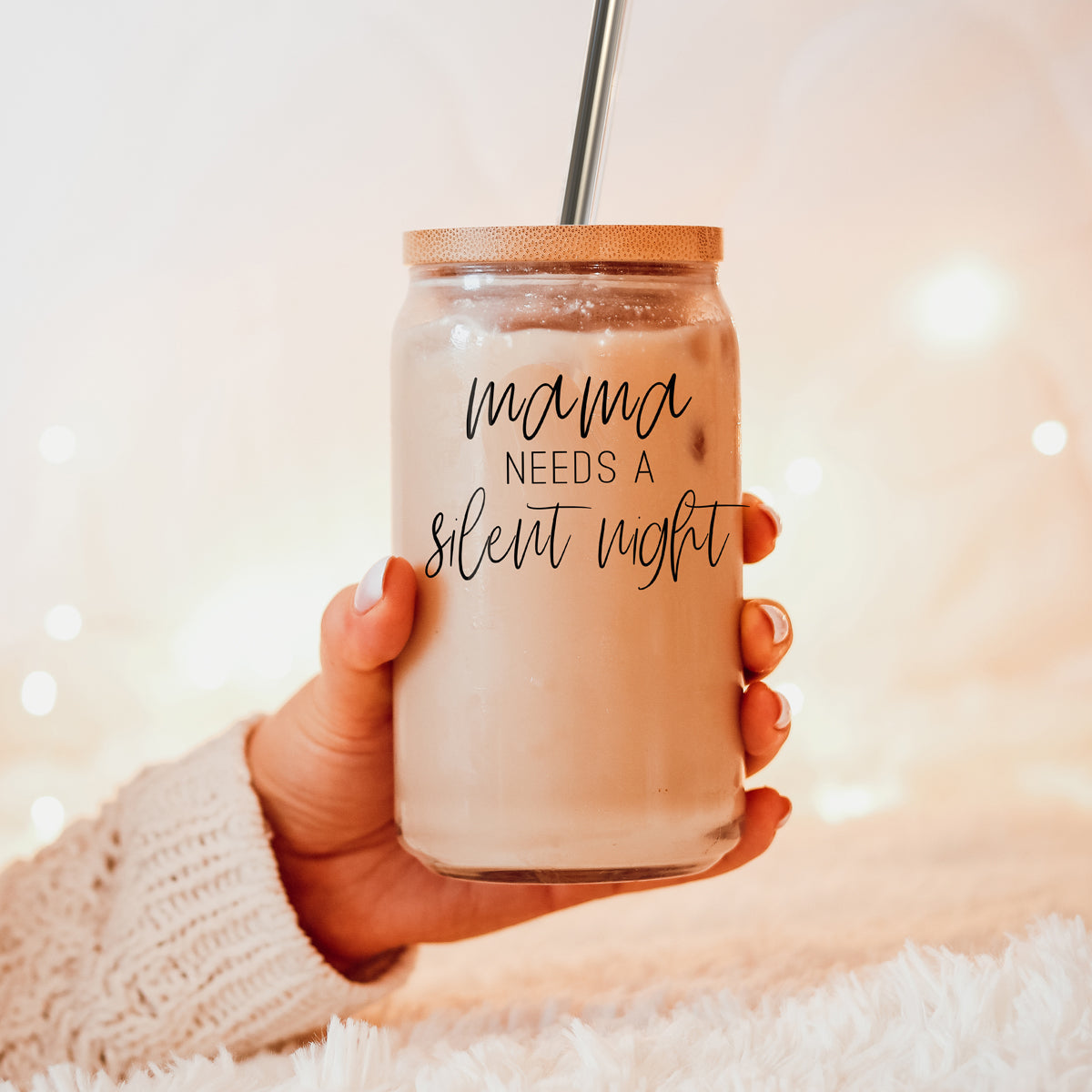 Silent Night 17oz Glass Tumbler With Bamboo Lid, 2 Stainless Straws and Cleaner