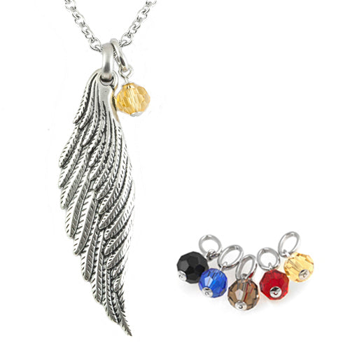 Silver Angel Wing Necklace With Custom Birthstone Charm