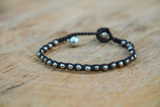 Silver Beaded Woven Cotton Bracelet Adjustable Boho