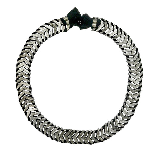 Silver Collar Necklace Statement Snake Chain With Cotton Tassels 17 Inch