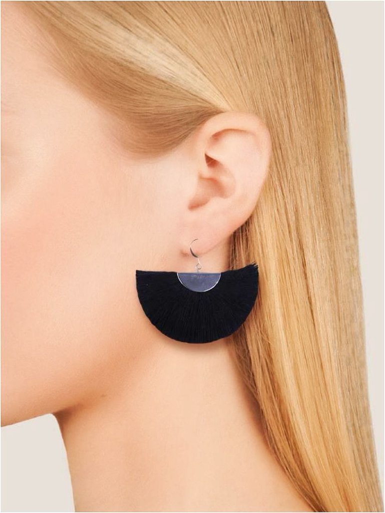 Silver Half Moon Fan Earrings Boho Cotton Fringe Drop Lightweight Handmade 2 x 2.5 Inches