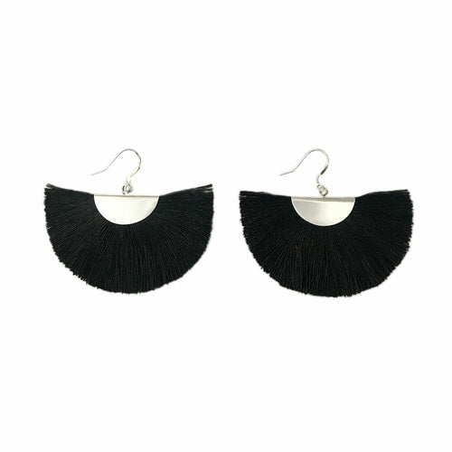 Silver Half Moon Fan Earrings Boho Cotton Fringe Drop Lightweight Handmade 2 x 2.5 Inches