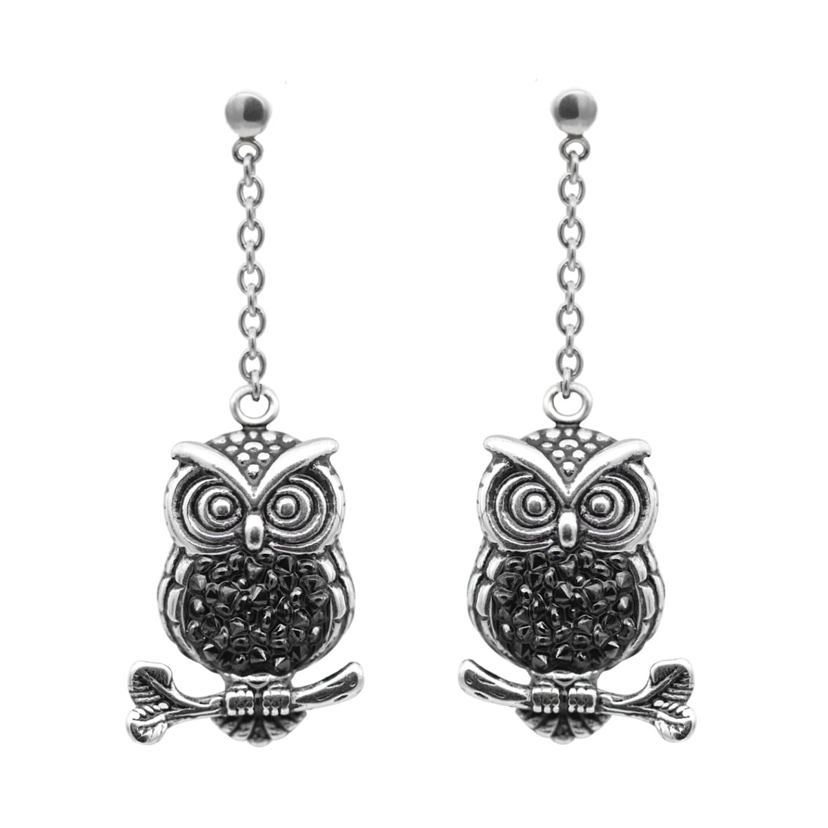 Silver Owl Dangle Earrings Long Chain Night Owl Charm