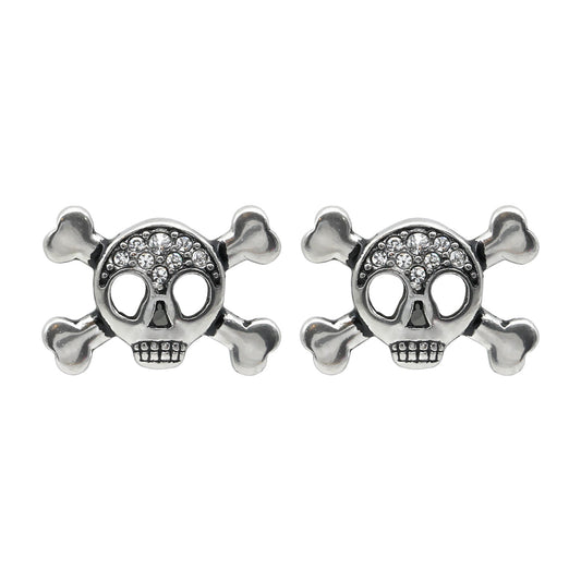 Silver Skull And Crossbones Stud Earrings With Rhinestone