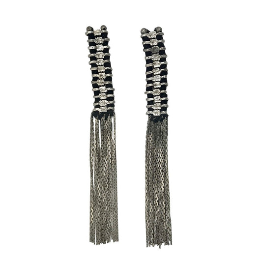 Silver Temple Tassel Earrings Boho Fringe Indian Statement 4.5in Handmade
