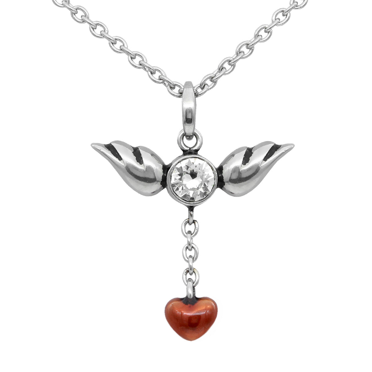 Silver Wing Heart Necklace With Red Crystal Drop Charm