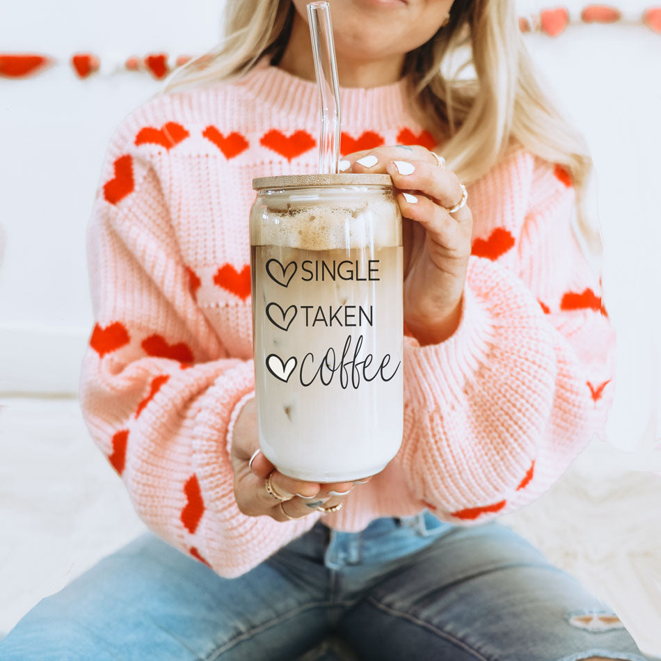 20oz Coffee Glass Cup With Bamboo Lid - Single Taken Coffee Heart Design