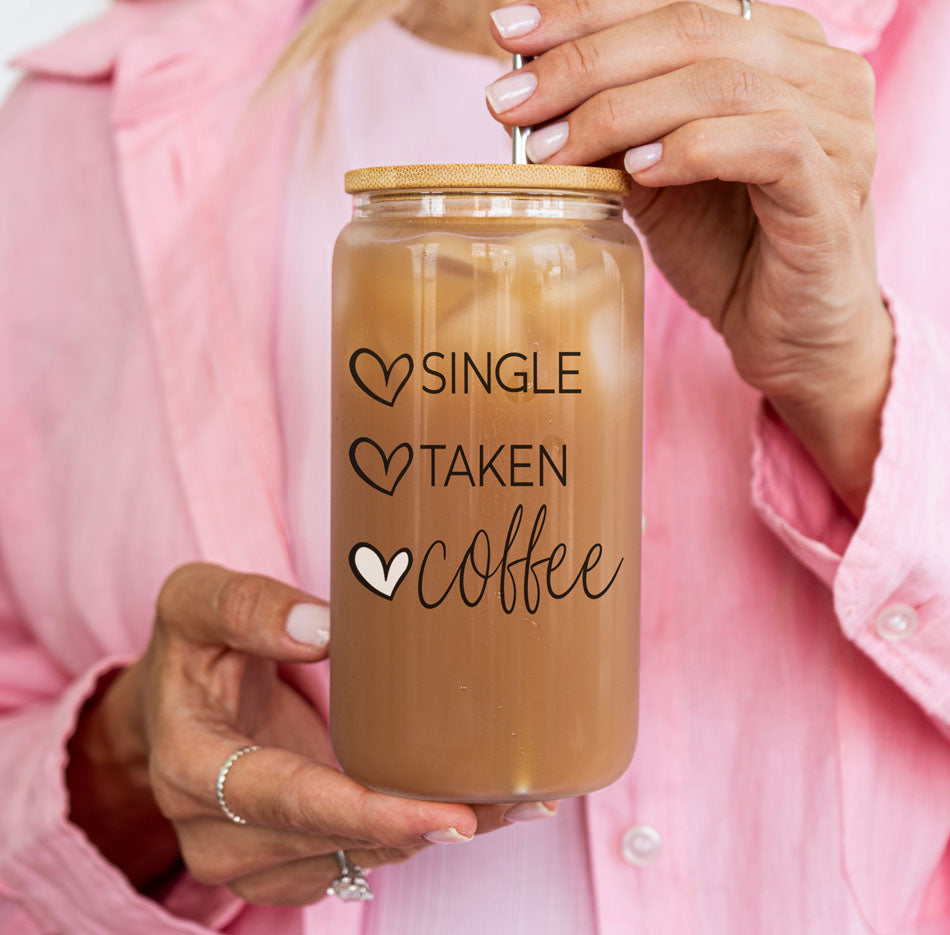 20oz Coffee Glass Cup With Bamboo Lid - Single Taken Coffee Heart Design
