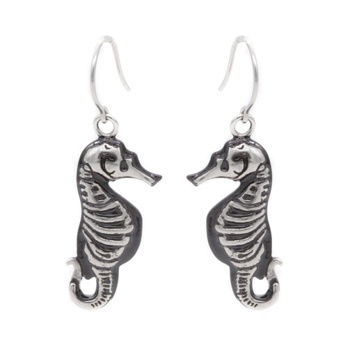 Skeletal Seahorse Dangle Earrings Gothic Oxidized Silver