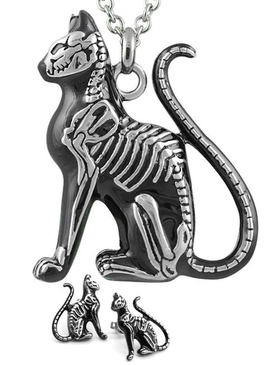 Skeleton Cat Necklace And Earrings Set Gothic Jewelry