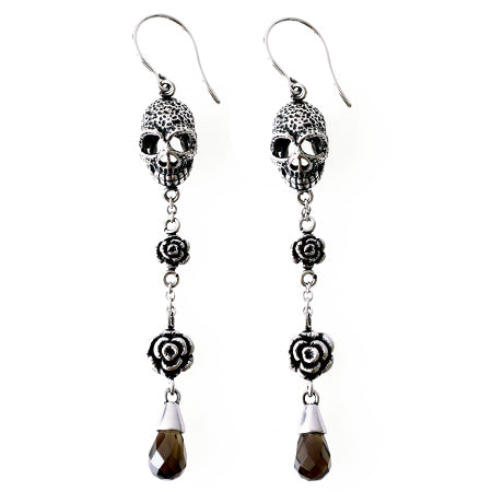 Skull And Rose Drop Earrings Gothic Silver Teardrop