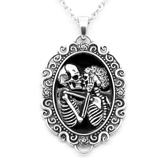Skull Cameo Necklace Gothic Skeleton Kissing Pendant