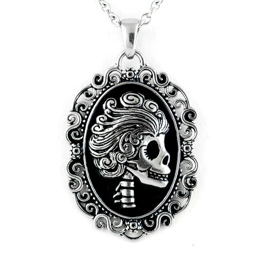 Skull Cameo Necklace Vintage Gothic Silver Oval Pendant
