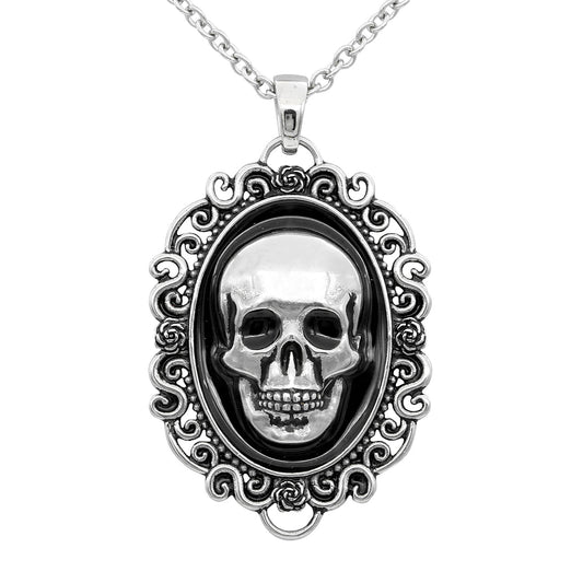 Skull Cameo Pendant Necklace Gothic Vintage Silver Tone