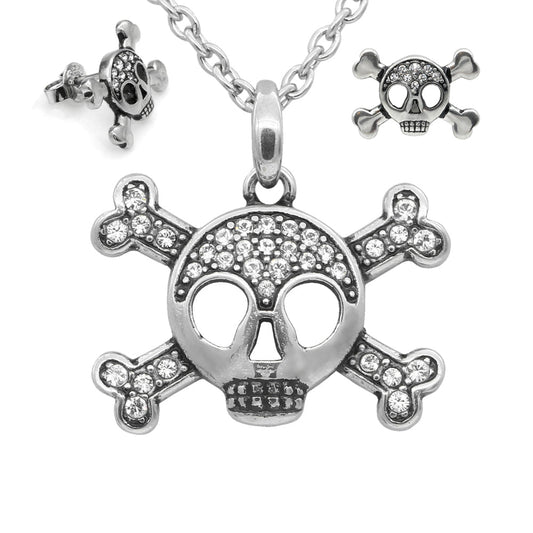 Skull Crossbones Necklace And Earrings Set With Crystals