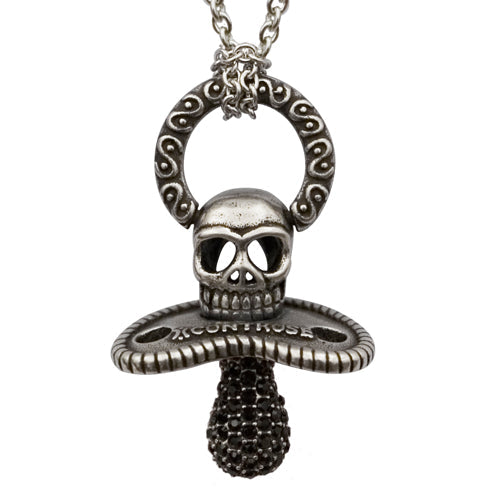 Skull Pacifier Necklace Black CZ Gothic Silver Tone Pendant
