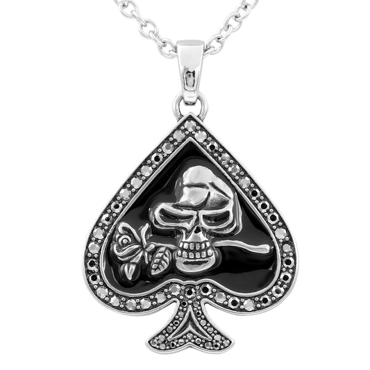 Skull Spade Necklace With Rose Pendant Gothic Silver