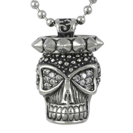 Skull Spike Necklace With White CZ Gothic Pendant Unisex