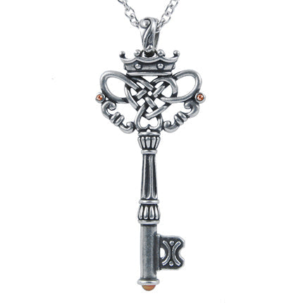 Small Key Pendant Necklace Vintage Crown Silver Charm