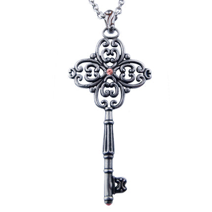 Small Vintage Key Necklace Silver Pendant With Crystal
