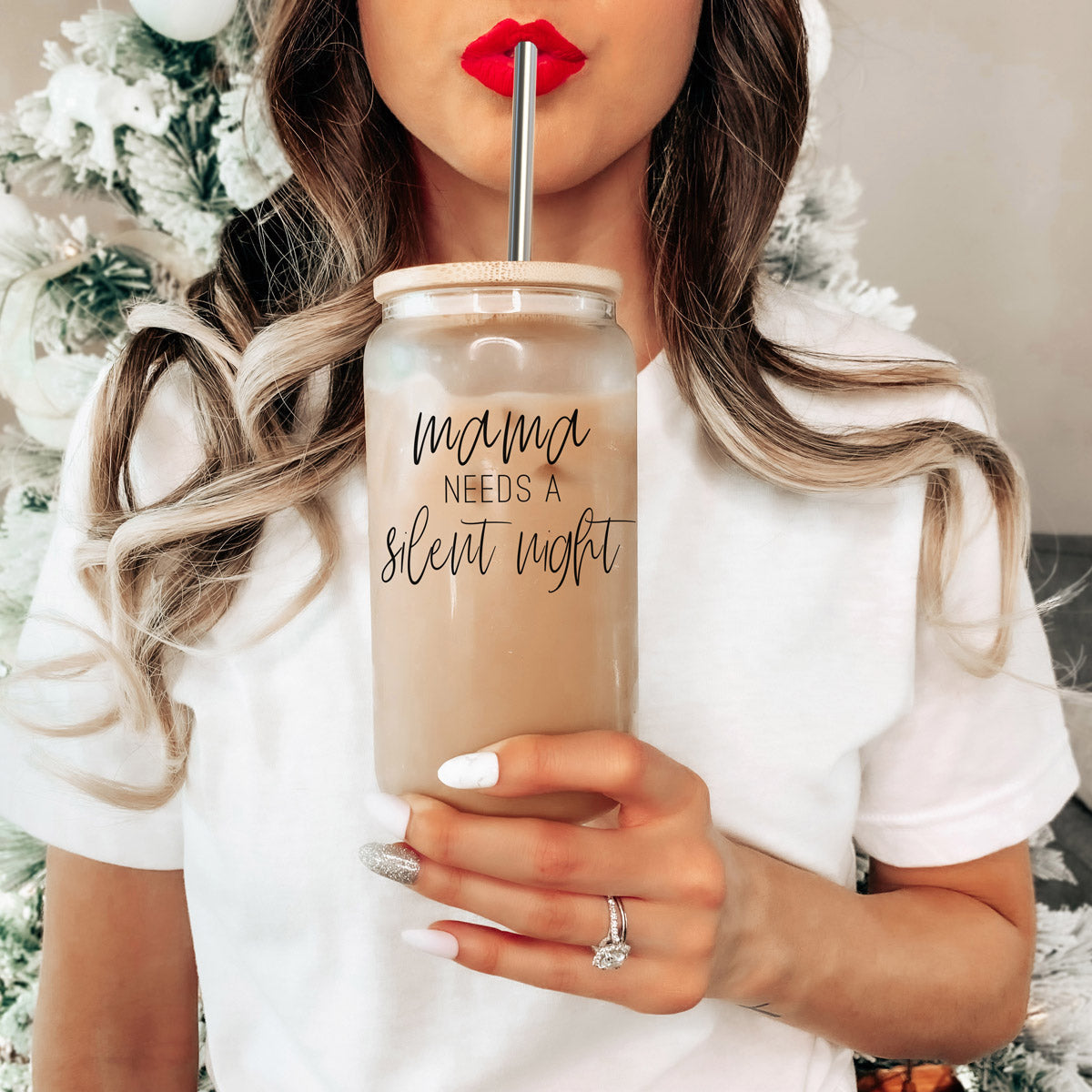 Silent Night 17oz Glass Tumbler With Bamboo Lid, 2 Stainless Straws and Cleaner