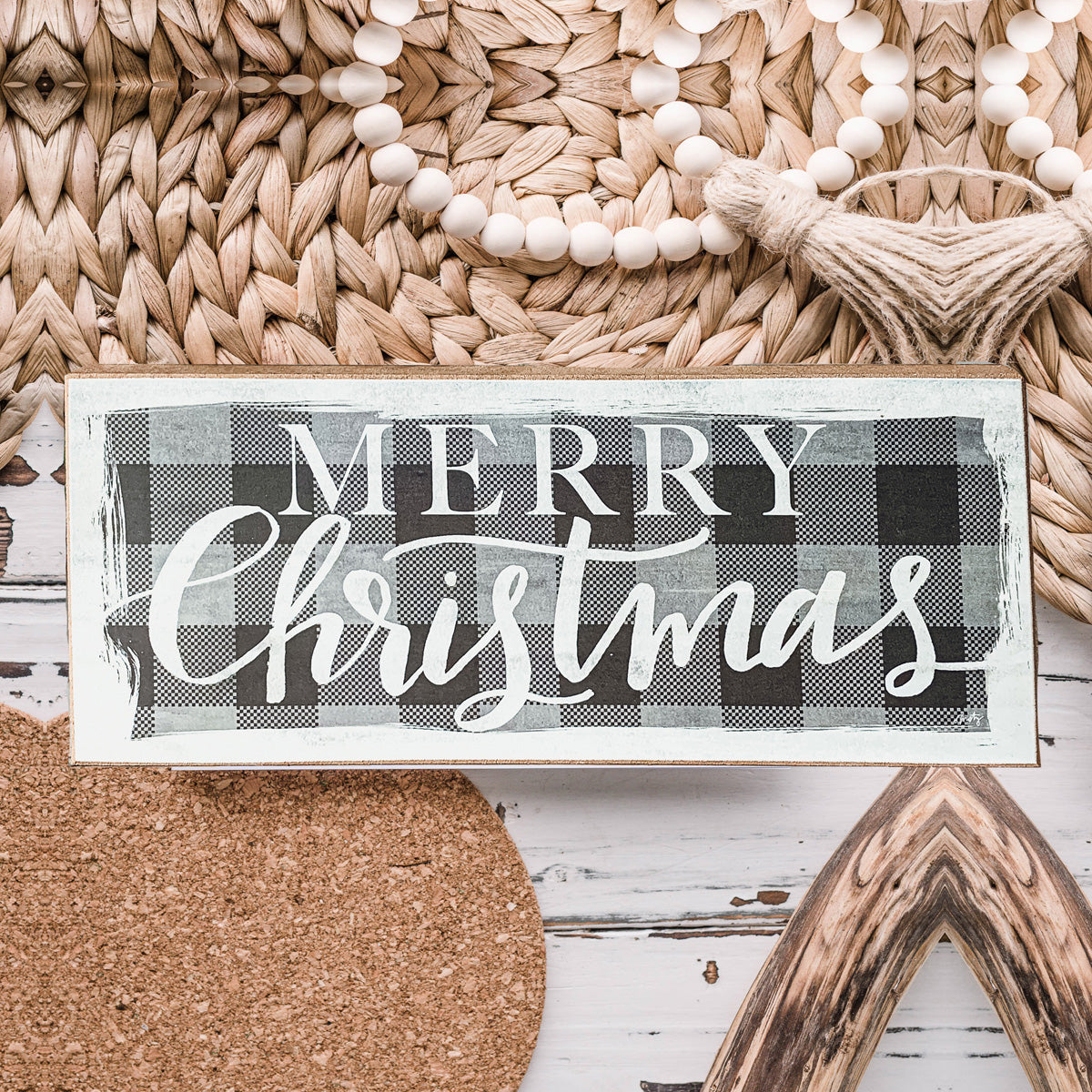 Buffalo Check Christmas Wood Sign 10x4 Tabletop Shelf Mantel Decor