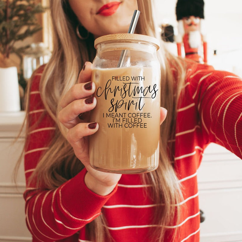 Christmas Coffee 17oz Glass Tumbler With Bamboo Lid, Stainless Straws & Cleaner