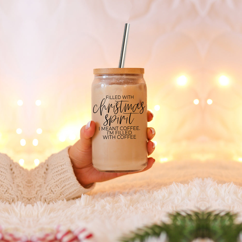 Christmas Coffee 17oz Glass Tumbler With Bamboo Lid, Stainless Straws & Cleaner