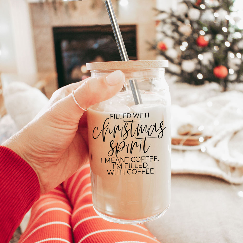 Christmas Coffee 17oz Glass Tumbler With Bamboo Lid, Stainless Straws & Cleaner