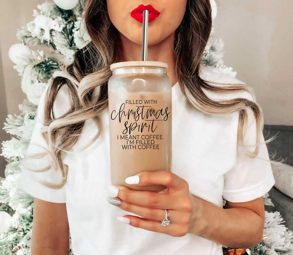 Christmas Coffee 17oz Glass Tumbler With Bamboo Lid, Stainless Straws & Cleaner