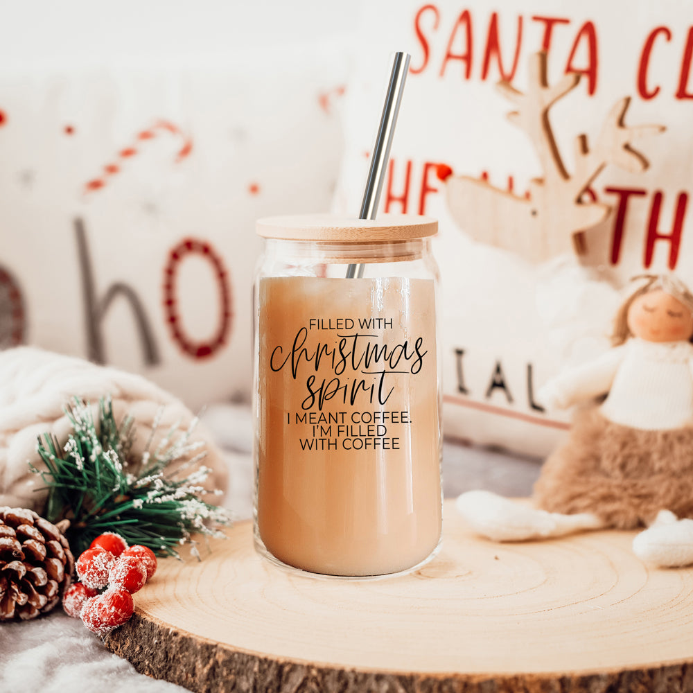 Christmas Coffee 17oz Glass Tumbler With Bamboo Lid, Stainless Straws & Cleaner