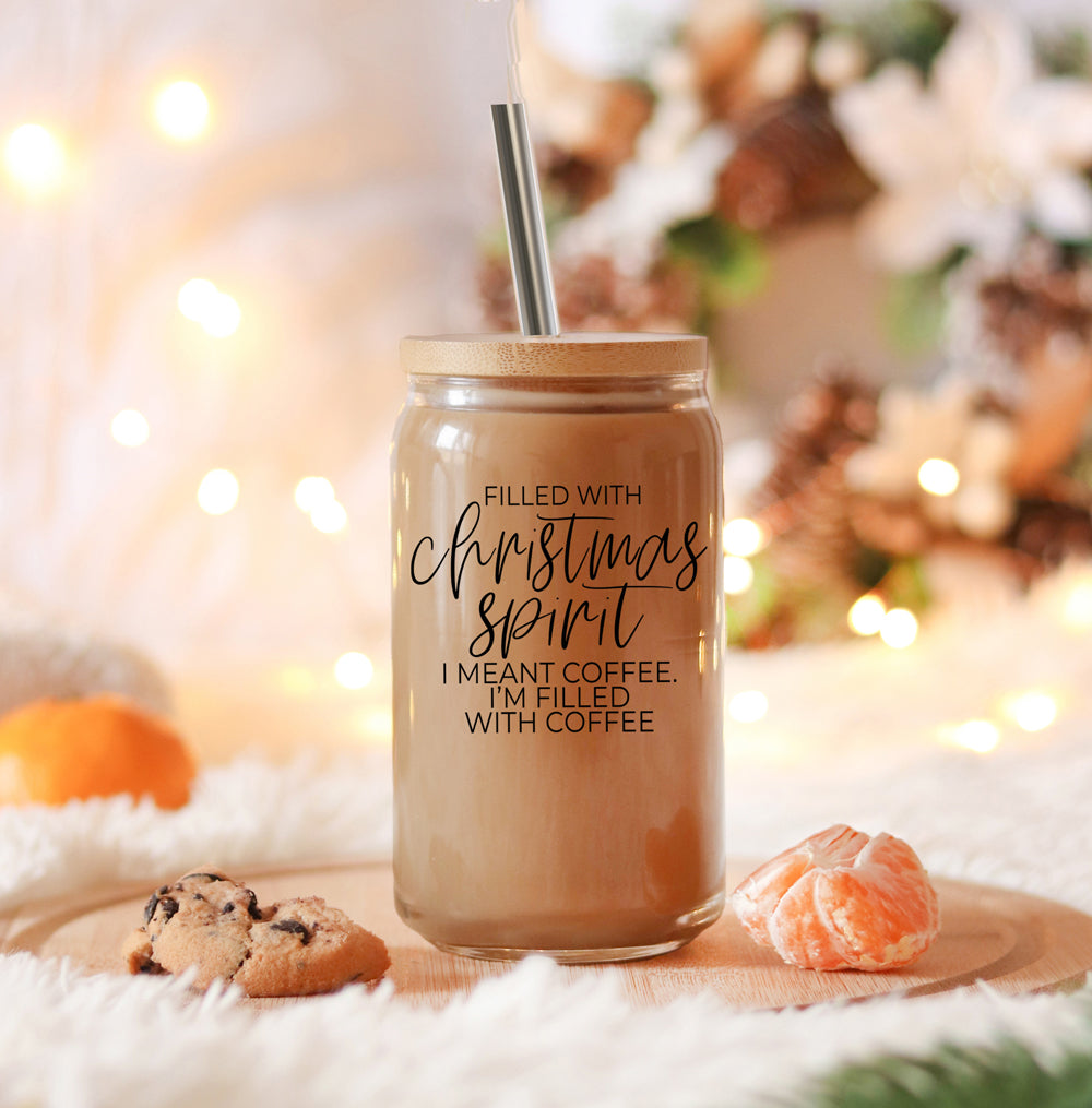 Christmas Coffee 17oz Glass Tumbler With Bamboo Lid, Stainless Straws & Cleaner