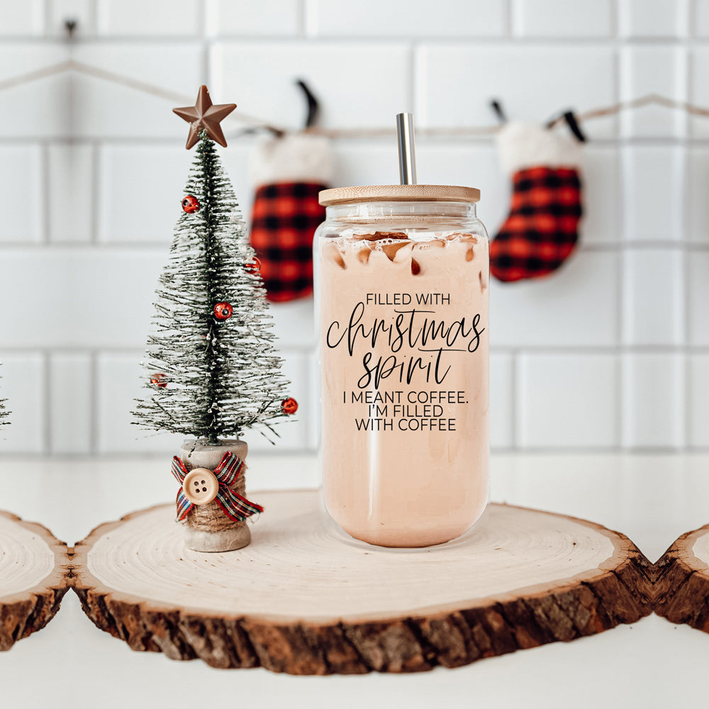 Christmas Coffee 17oz Glass Tumbler With Bamboo Lid, Stainless Straws & Cleaner