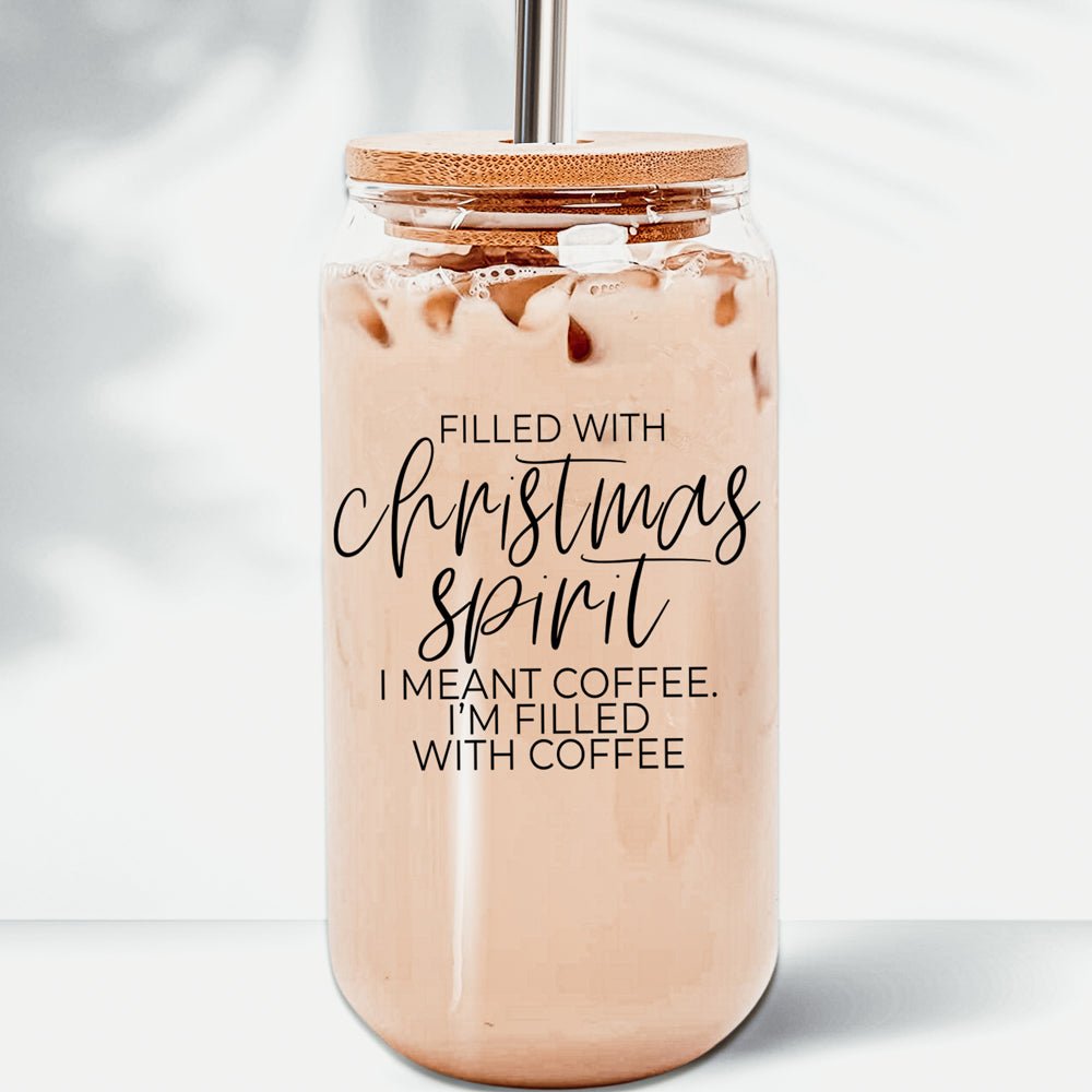 Christmas Coffee 17oz Glass Tumbler With Bamboo Lid, Stainless Straws & Cleaner