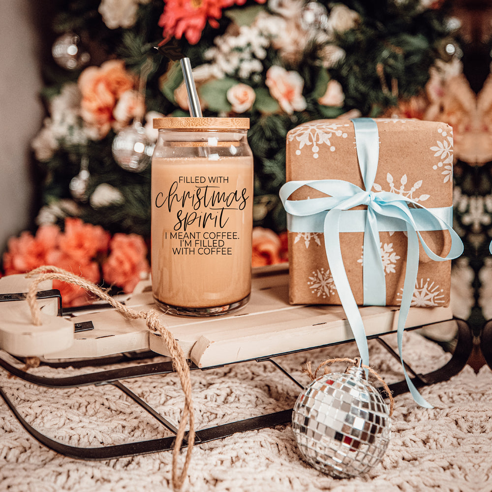 Christmas Coffee 17oz Glass Tumbler With Bamboo Lid, Stainless Straws & Cleaner
