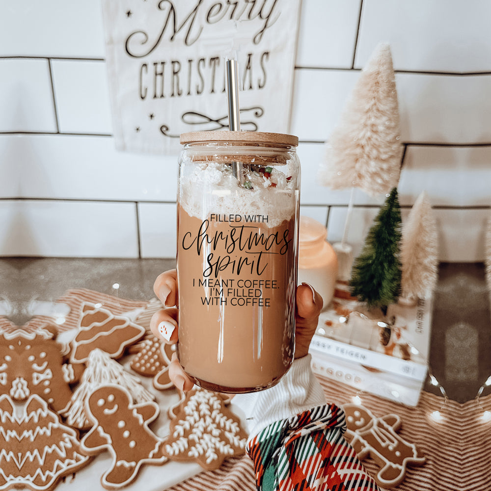 Christmas Coffee 17oz Glass Tumbler With Bamboo Lid, Stainless Straws & Cleaner