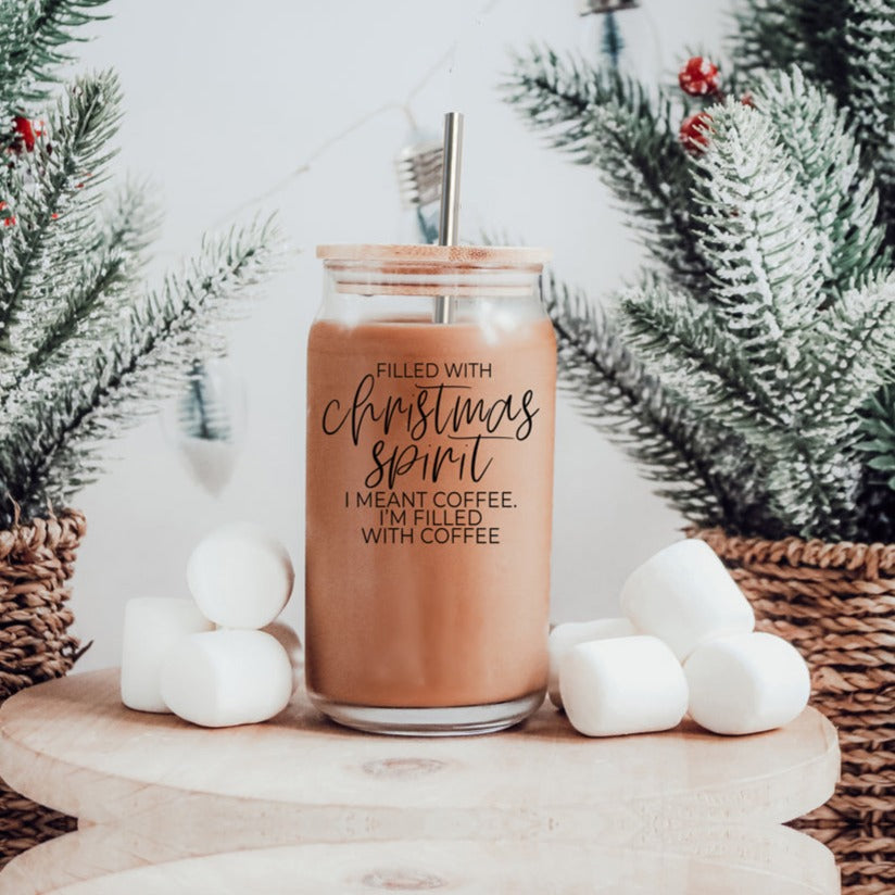 Christmas Coffee 17oz Glass Tumbler With Bamboo Lid, Stainless Straws & Cleaner